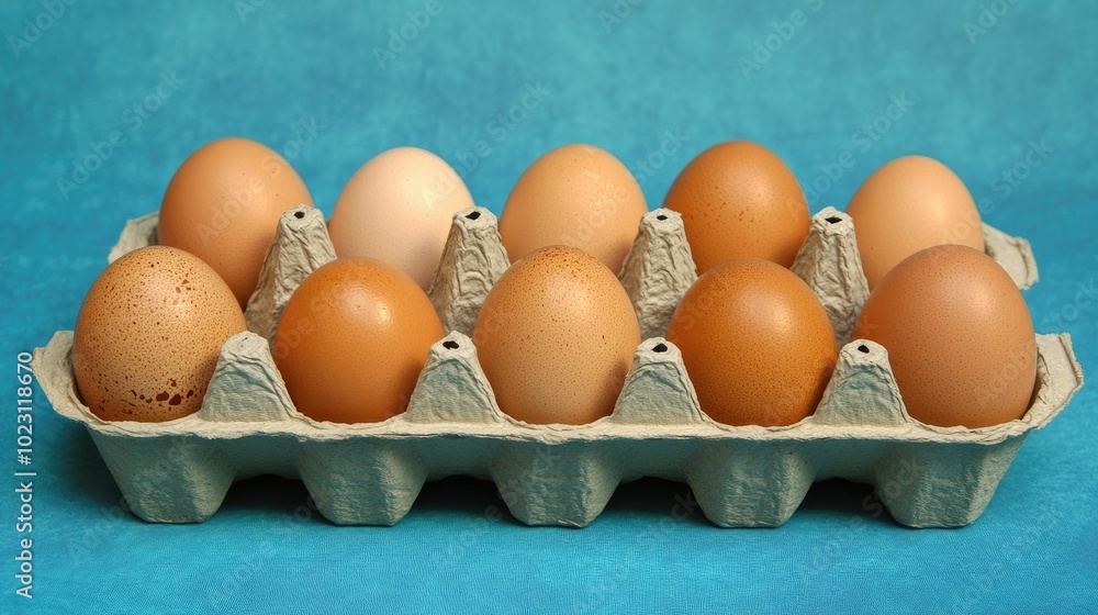 Brown eggs in a rustic carton, set against a vivid blue backdrop, natural lighting. Brown eggs in a rustic carton, set against a vivid blue backdrop, natural lighting.