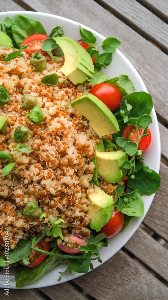 Closeup of quinoa, tomatoes and avocado, healthy eating, nutritious and fresh meal Closeup of quinoa, tomatoes and avocado, healthy eating, nutritious and fresh meal