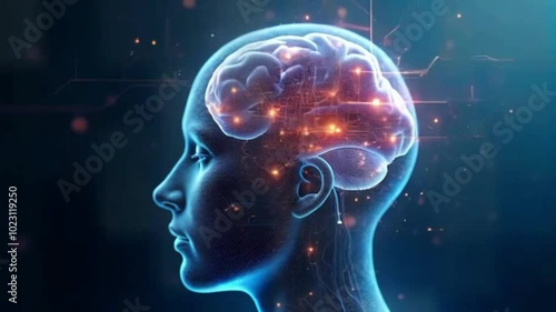 Human head with neon brain emblem, medicine. footage, for studying biology, human anatomy, scienc