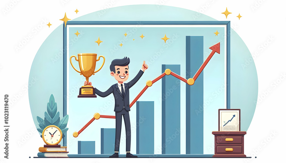 Flat Border Frame Design Featuring Trophy and Rising Graph for Business Achievement - Simple Vector Illustration with Copy Space for Showcasing Success Flat Border Frame Design Featuring Trophy and Rising Graph for Business Achievement - Simple Vector Illustration with Copy Space for Showcasing Success