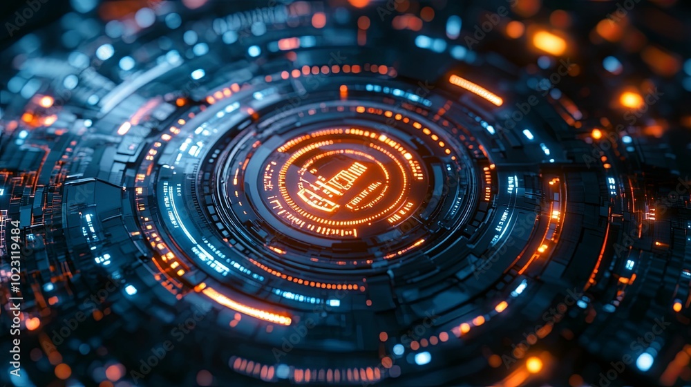 Futuristic Circular Interface with Glowing Orange and Blue Lights Futuristic Circular Interface with Glowing Orange and Blue Lights