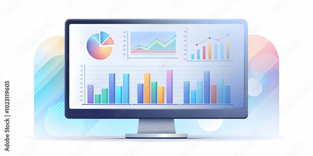 Flat Glossy Desktop with Holographic Marketing Reports & Analytics: A Sleek High Angle View for Marketing Analysis, Perfect for Reports & Presentations in Vector Style Flat Glossy Desktop with Holographic Marketing Reports & Analytics: A Sleek High Angle View for Marketing Analysis, Perfect for Reports & Presentations in Vector Style