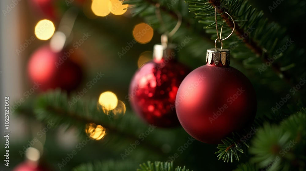 Close-up of Christmas ornaments on a fir tree with bokeh lights in the background. Close-up of Christmas ornaments on a fir tree with bokeh lights in the background.