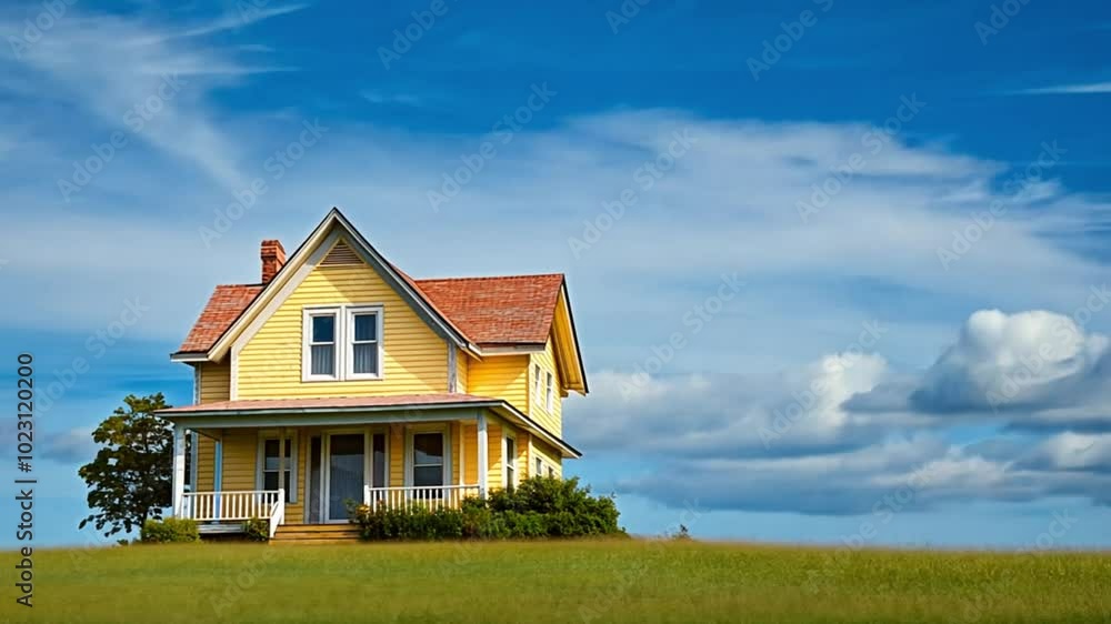 A charming yellow house on a grassy hill under a blue sky with fluffy clouds. A charming yellow house on a grassy hill under a blue sky with fluffy clouds.