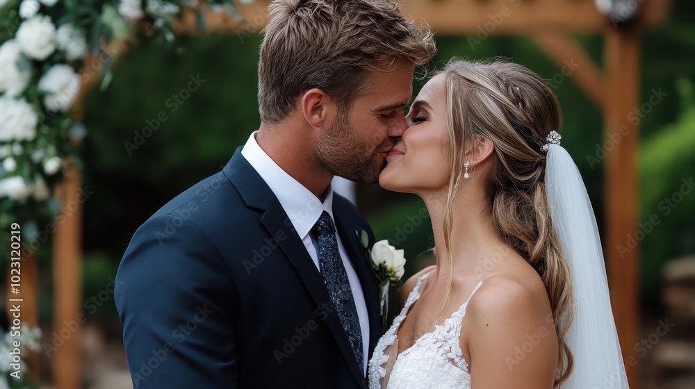 A bride and groom share a loving kiss during their outdoor wedding ceremony. The image captures romance and joy, a timeless expression of marital bliss. A bride and groom share a loving kiss during their outdoor wedding ceremony. The image captures romance and joy, a timeless expression of marital bliss.