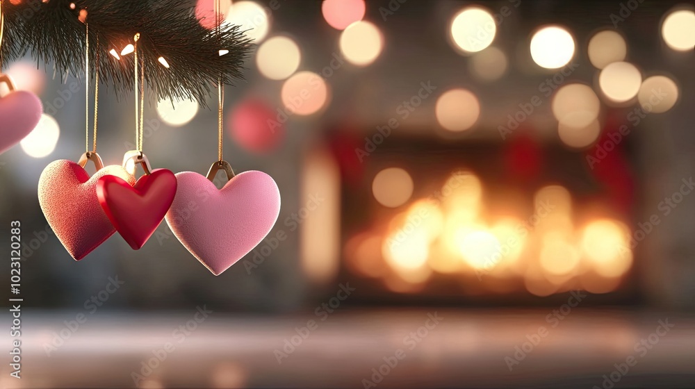 Decorative hearts hang from a festive tree with a cozy fireplace glowing in the background, creating a warm holiday ambiance. Decorative hearts hang from a festive tree with a cozy fireplace glowing in the background, creating a warm holiday ambiance.