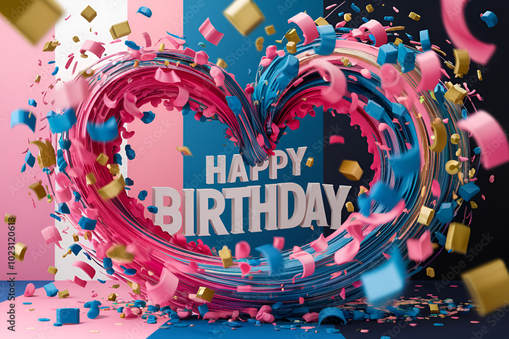 Obraz premium A colorful explosion of confetti with the words Happy Birthday written in white. Concept of celebration and joy, as if the confetti is falling from the sky to welcome someone to their birthday party