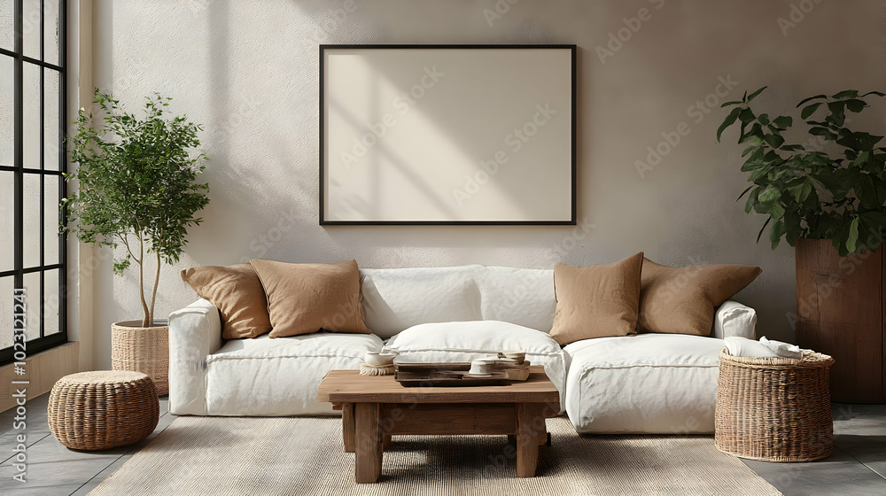 Cozy living room with neutral tones and natural elements. Cozy living room with neutral tones and natural elements.