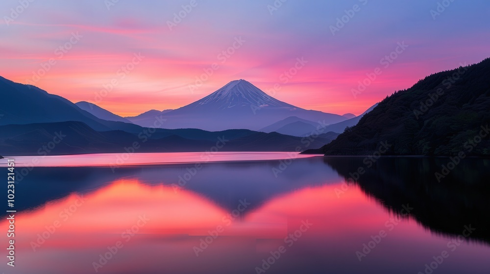 Serene Sunset Reflections, A peaceful lake mirrors vibrant sunset colors, with majestic mountains silhouetted against the sky, creating a harmonious natural scene. Serene Sunset Reflections, A peaceful lake mirrors vibrant sunset colors, with majestic mountains silhouetted against the sky, creating a harmonious natural scene.