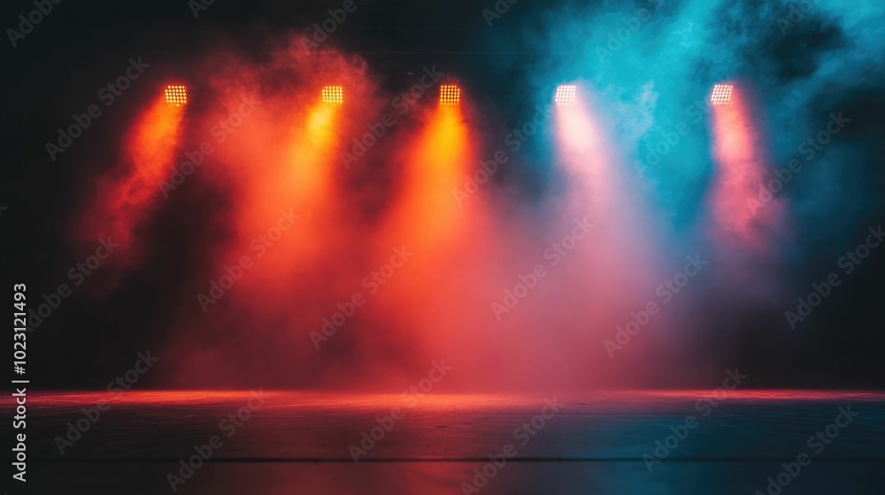 Fototapeta premium Vivid and intense spotlights casting dramatic light and smoke effects on a high energy rock concert stage creating a powerful and captivating atmosphere for the musical performance