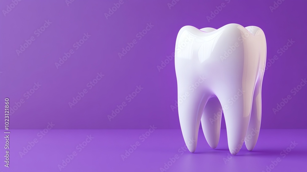 A single white tooth stands on a purple background. A single white tooth stands on a purple background.