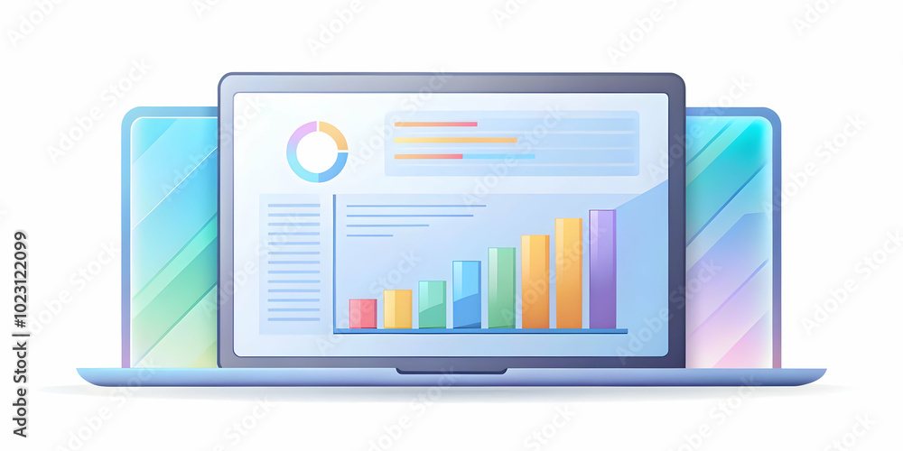 Flat Glossy Desktop with Holographic Marketing Reports and Analytics - High Angle Shot of Sleek Business Workspace for Marketing Analysis and Report Content, Ample Copy Space, Vector Illustration Flat Glossy Desktop with Holographic Marketing Reports and Analytics - High Angle Shot of Sleek Business Workspace for Marketing Analysis and Report Content, Ample Copy Space, Vector Illustration