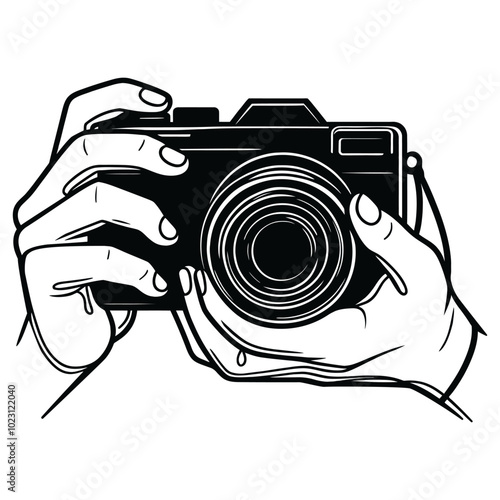 Continuous line drawing of a hand with a camera. One line art photography concept. Vector illustration