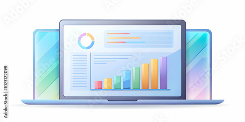 Flat Glossy Desktop with Holographic Marketing Reports and Analytics - High Angle Shot of Sleek Business Workspace for Marketing Analysis and Report Content, Ample Copy Space, Vector Illustration