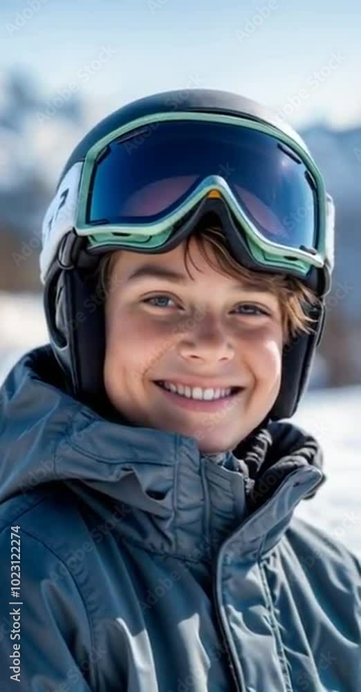 Happy Boy in Winter Helmet and Jacket at Ski Resort, Snowy Adventure Happy Boy in Winter Helmet and Jacket at Ski Resort, Snowy Adventure