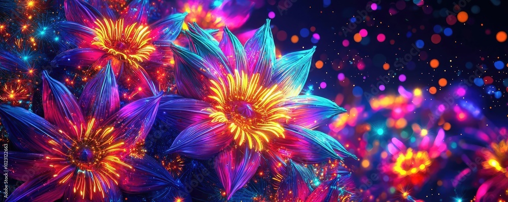 Vibrant and colorful flowers illuminated by glowing lights on a dark background, creating a magical and enchanting atmosphere. Vibrant and colorful flowers illuminated by glowing lights on a dark background, creating a magical and enchanting atmosphere.