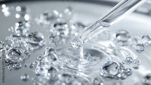 Droplets of serum spilled from a pipette on a silver surface, creating a luxurious and radiant composition.