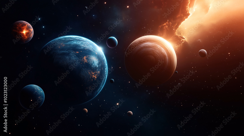 Obraz premium Digital illustration of a space scene featuring several planets of varying sizes and colors, with stars and a glowing nebula in the background.
