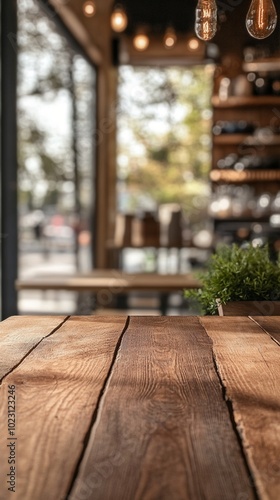 Rustic wooden table in foreground of cozy cafe interior, with soft focus background showing warm lighting, shelves, and glimpse of outdoor scenery through window.