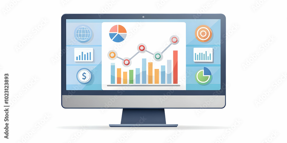 Flat Glossy Desktop Monitor with Holographic Financial Dashboards and Currency Symbols - A Medium Angle Shot Illustrating Smart Business Concepts in a Clean, Professional Vector Style, Ideal for Corpo Flat Glossy Desktop Monitor with Holographic Financial Dashboards and Currency Symbols - A Medium Angle Shot Illustrating Smart Business Concepts in a Clean, Professional Vector Style, Ideal for Corpo