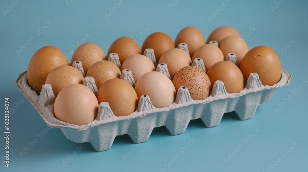 Fresh, eggs in a carton, placed on a smooth blue surface, clean and modern look. Fresh, eggs in a carton, placed on a smooth blue surface, clean and modern look.
