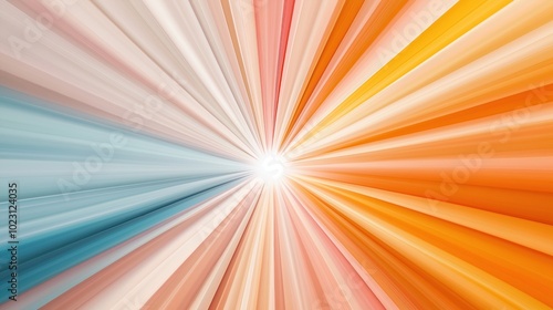 Abstract image with radiating light beams in various colors such as blue, orange, pink, and white converging at a bright white center.