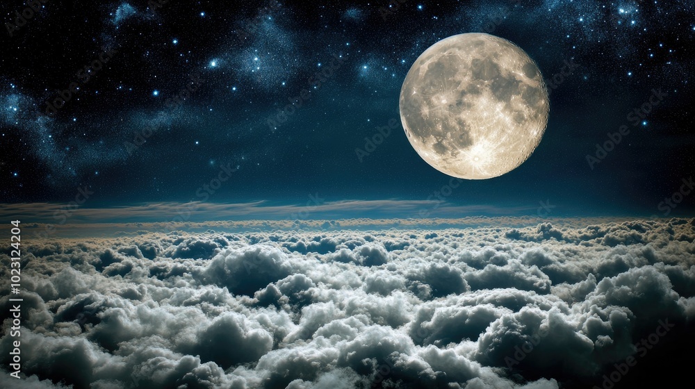Full moon casting soft light over a bed of clouds, dark sky with starry backdrop. Full moon casting soft light over a bed of clouds, dark sky with starry backdrop.