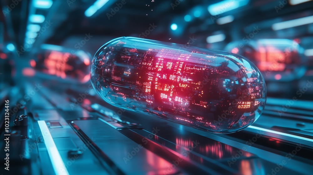 Capsules floating in zero gravity, reflecting holographic health data and neon medical symbols in a clean, sterile futuristic lab Capsules floating in zero gravity, reflecting holographic health data and neon medical symbols in a clean, sterile futuristic lab