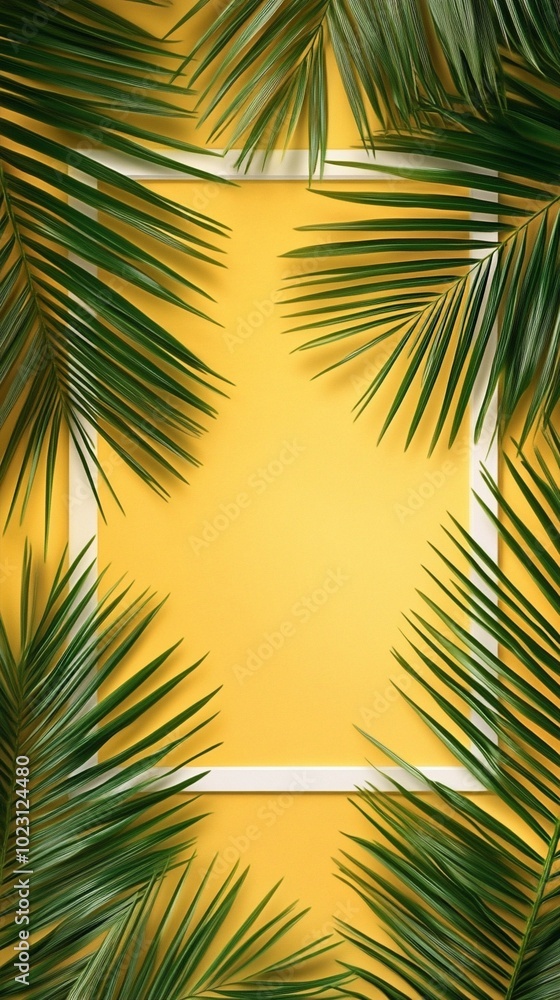 Vibrant palm leaves frame a sunny yellow background, creating a tropical border around a blank central space perfect for text or design elements. Vibrant palm leaves frame a sunny yellow background, creating a tropical border around a blank central space perfect for text or design elements.