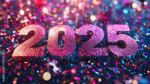 Glittering "2025" surrounded by confetti, vibrant and festive New Year setting.