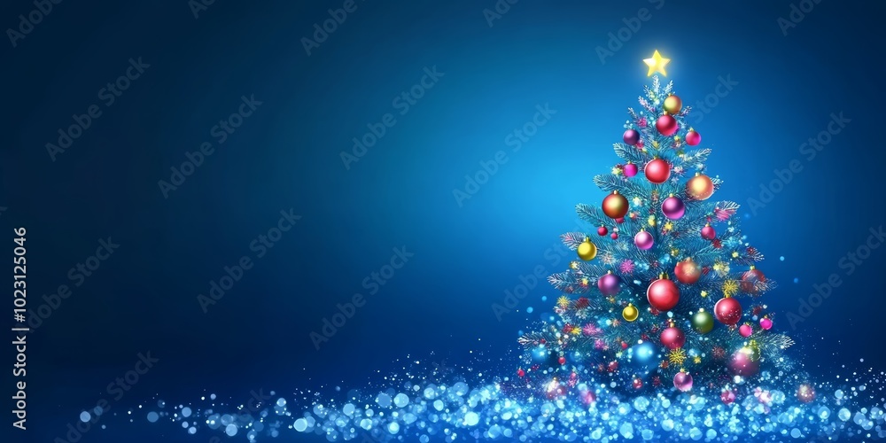 A beautifully decorated Christmas tree on a shimmering blue background. A beautifully decorated Christmas tree on a shimmering blue background.