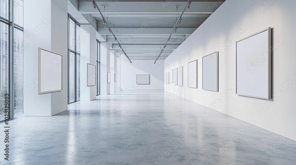Empty Gallery with White Walls and Blank Frames Empty Gallery with White Walls and Blank Frames