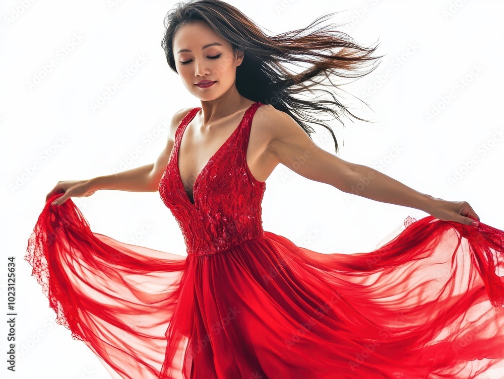 Dynamic portrait of an Asian woman dancing salsa, vibrant red dress twirling, set in a lively street festival atmosphere, asian woman dancing, salsa in motion Dynamic portrait of an Asian woman dancing salsa, vibrant red dress twirling, set in a lively street festival atmosphere, asian woman dancing, salsa in motion