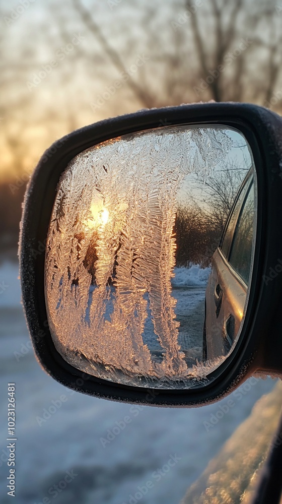 Frosty patterns on car mirror reflect winter's icy grip, while golden sunset peeks through bare trees, creating a mesmerizing contrast of cold and warmth. Frosty patterns on car mirror reflect winter's icy grip, while golden sunset peeks through bare trees, creating a mesmerizing contrast of cold and warmth.