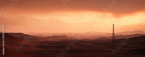 Desert Landscape with Tower and Sunset Sky