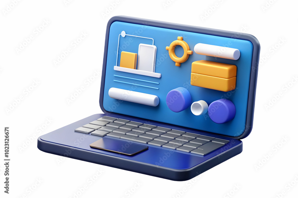 3D Glossy Laptop Displaying Marketing Software and Project Timeline in Close-Up View - Reflections Showcasing Planning and Organization in Marketing, Isolated on White Background 3D Glossy Laptop Displaying Marketing Software and Project Timeline in Close-Up View - Reflections Showcasing Planning and Organization in Marketing, Isolated on White Background