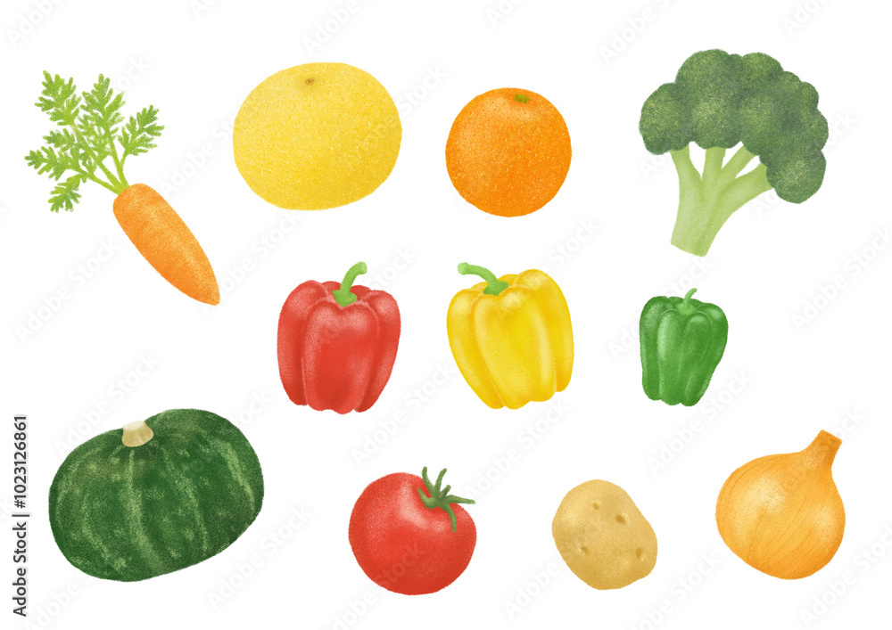 色鉛筆で描いた野菜と果物のイラスト 色鉛筆で描いた野菜と果物のイラスト
