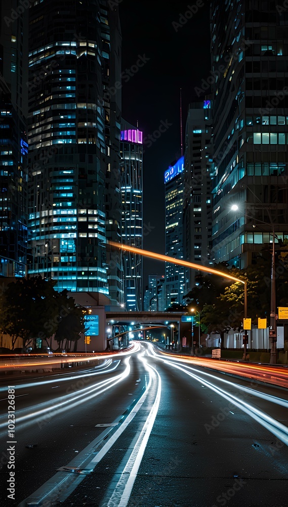 Naklejka premium Abstract Light Trails of City Traffic: Long-Exposure Shot Capturing Vibrant Motion at Night