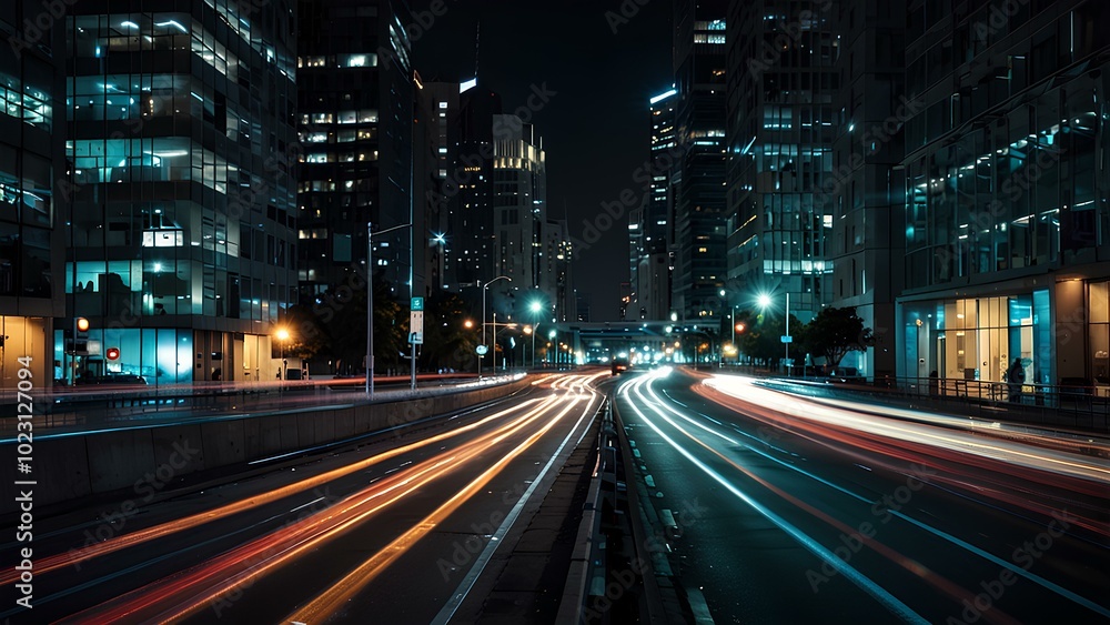Naklejka premium Abstract Light Trails of City Traffic: Long-Exposure Shot Capturing Vibrant Motion at Night