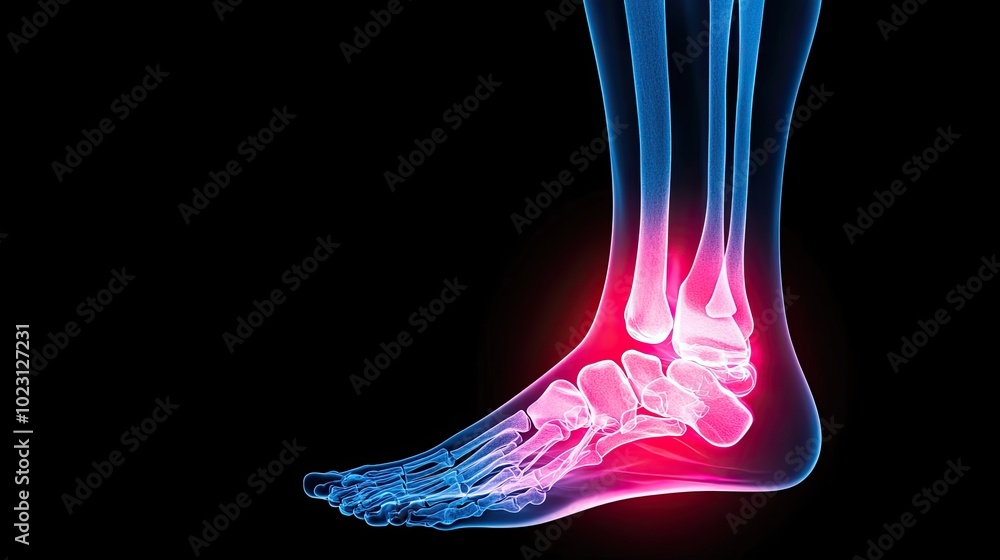 Illustration of a human ankle with a detailed view of bones and highlighted areas indicating pain or injury. Illustration of a human ankle with a detailed view of bones and highlighted areas indicating pain or injury.