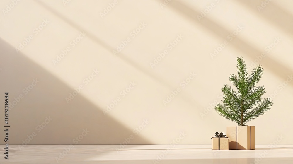 Minimalist display of a small tree and gift boxes on a light wall. Perfect for seasonal and holiday themes. Minimalist display of a small tree and gift boxes on a light wall. Perfect for seasonal and holiday themes.
