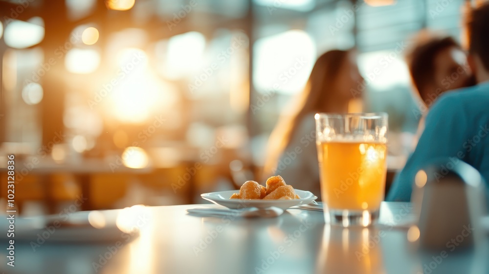 Brightly lit cafe table with focus on a refreshing drink beside bite-sized appetizers. In the background, a couple in conversation creates a lively scene. Brightly lit cafe table with focus on a refreshing drink beside bite-sized appetizers. In the background, a couple in conversation creates a lively scene.