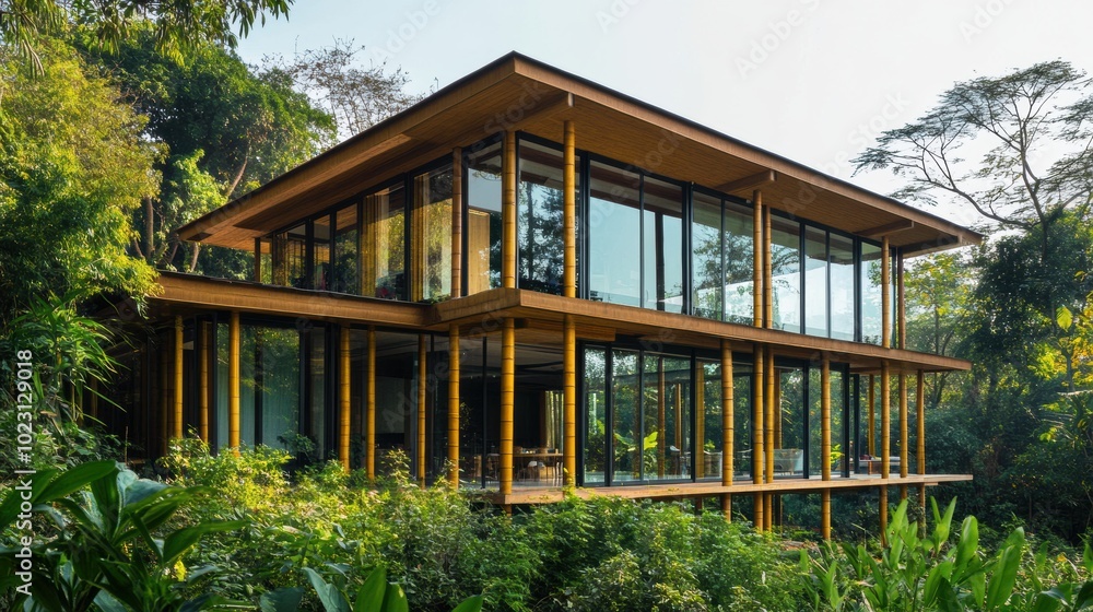 Modern glass and wood house surrounded by lush greenery. Modern glass and wood house surrounded by lush greenery.