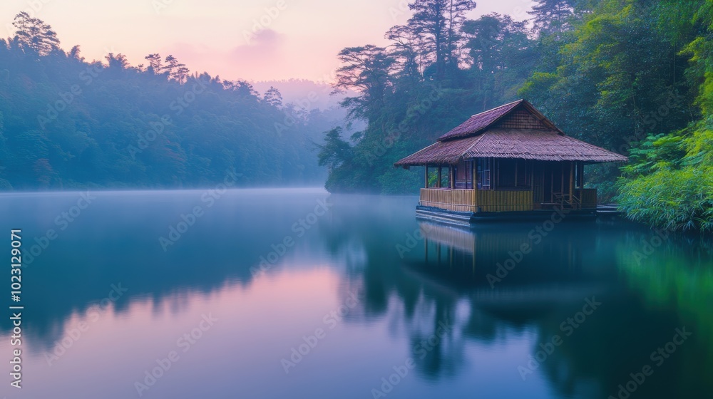 Serene lakeside hut surrounded by misty forest at dawn. Serene lakeside hut surrounded by misty forest at dawn.