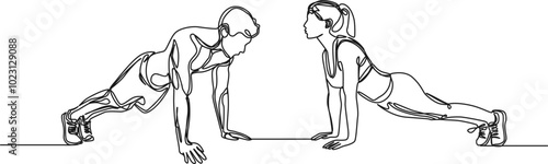 continuous single line drawing of fit man and woman exercising together, line art vector illustration