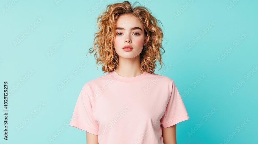 Portrait of a stylish woman in a pink t-shirt, posing confidently against a vibrant blue background, showcasing modern fashion vibes. Portrait of a stylish woman in a pink t-shirt, posing confidently against a vibrant blue background, showcasing modern fashion vibes.