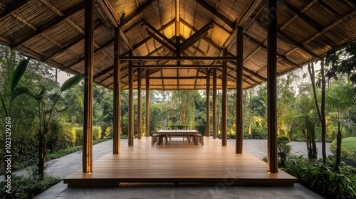 A spacious bamboo structure with wooden flooring, surrounded by lush greenery.