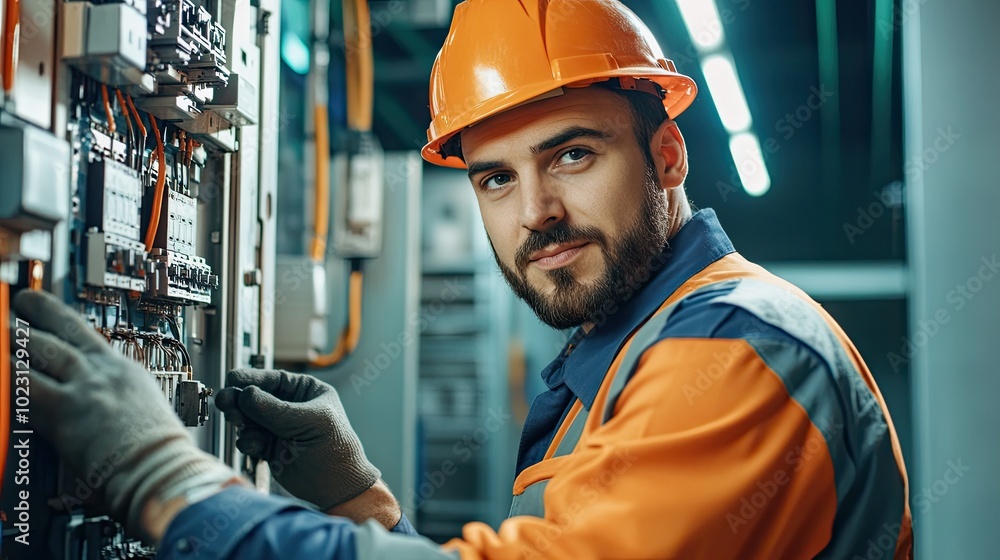 Professional electrician working on control panel, showcasing skills and safety in electrical installation and maintenance. Professional electrician working on control panel, showcasing skills and safety in electrical installation and maintenance.
