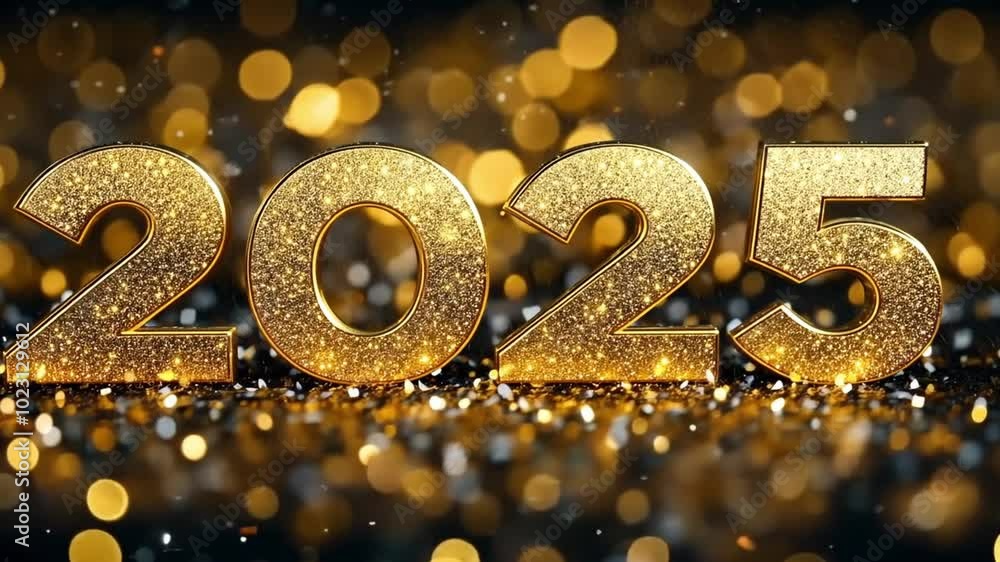 Golden glitter numbers for the year 2025 are sparkling on a blurred background with gold bokeh, creating a festive atmosphere for new year's eve. Merry Christmas and New Year! Golden glitter numbers for the year 2025 are sparkling on a blurred background with gold bokeh, creating a festive atmosphere for new year's eve. Merry Christmas and New Year!