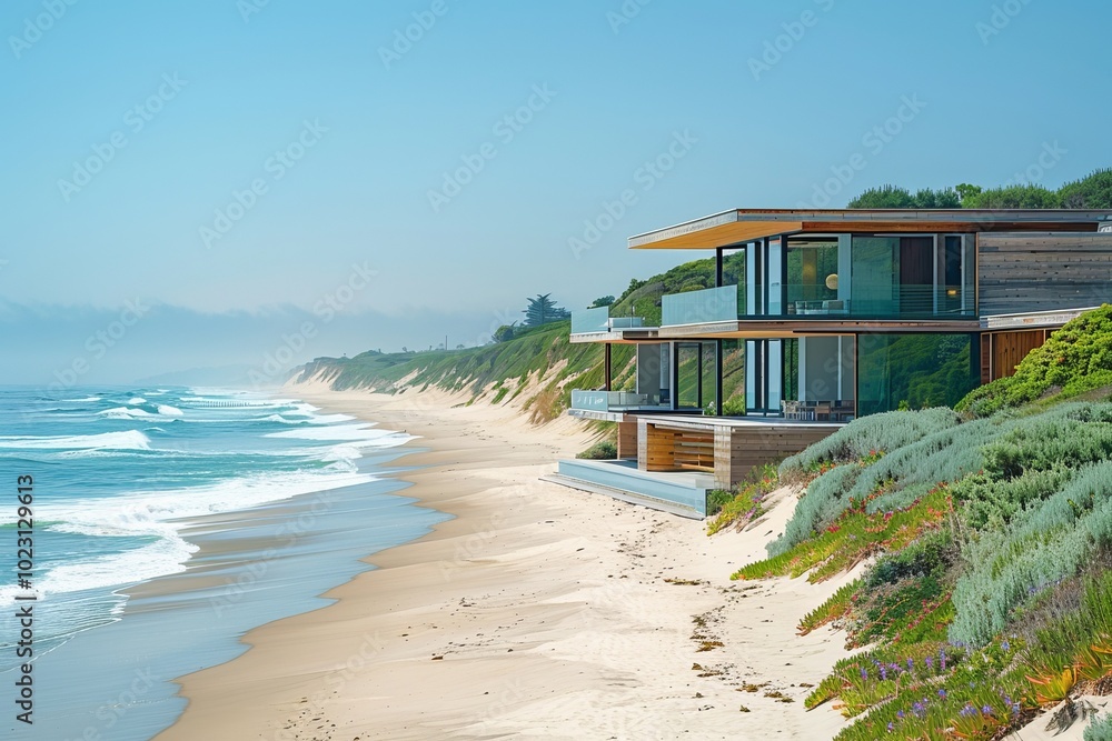 Obraz premium Serene Coastal Architecture Photography Showcasing Tranquil Seaside Views with Stunning Designs and Natural Beauty Perfect for Travel and Interior Inspiration